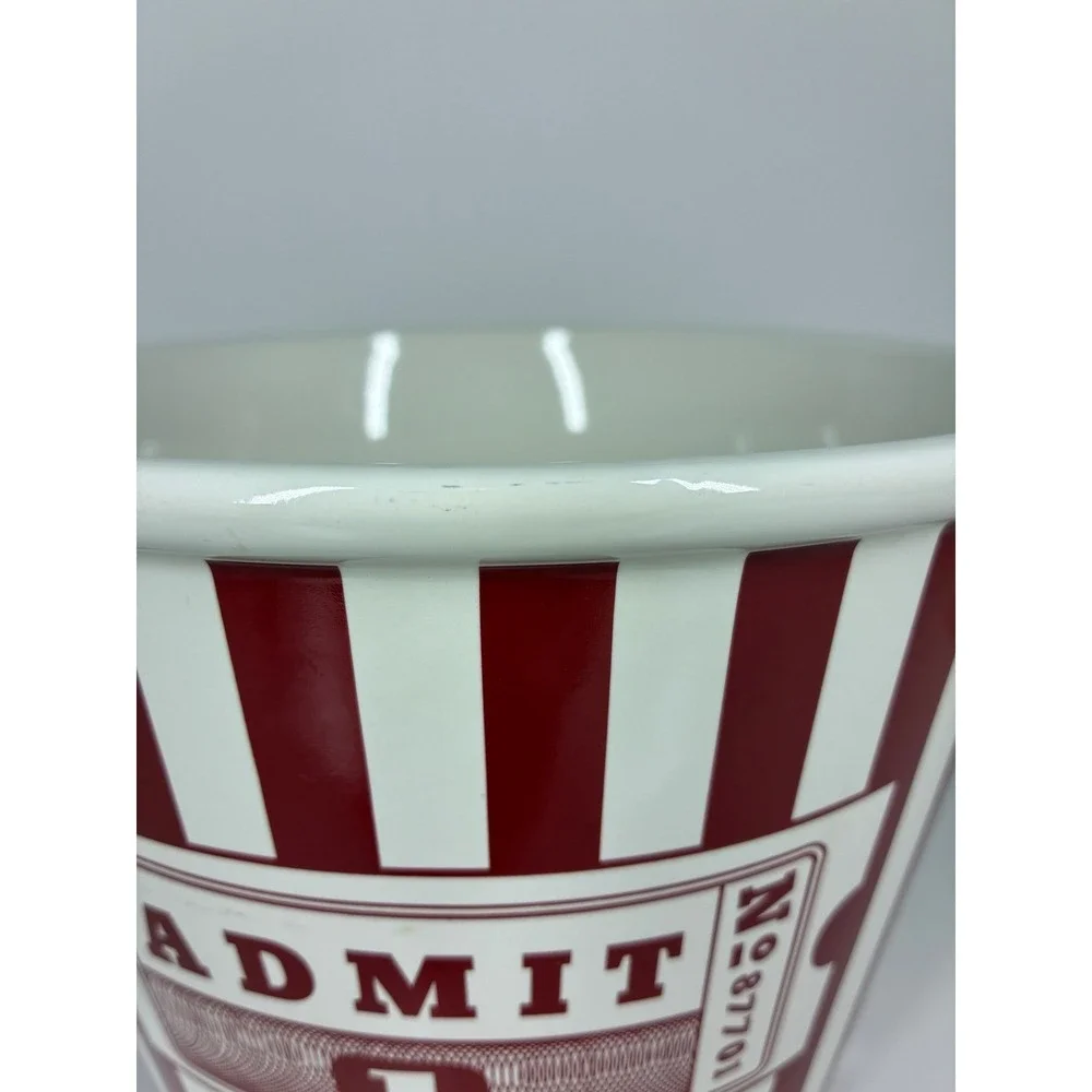 Williams Sonoma Popcorn Bowl Ceramic Red White Striped Admit One Movie Night